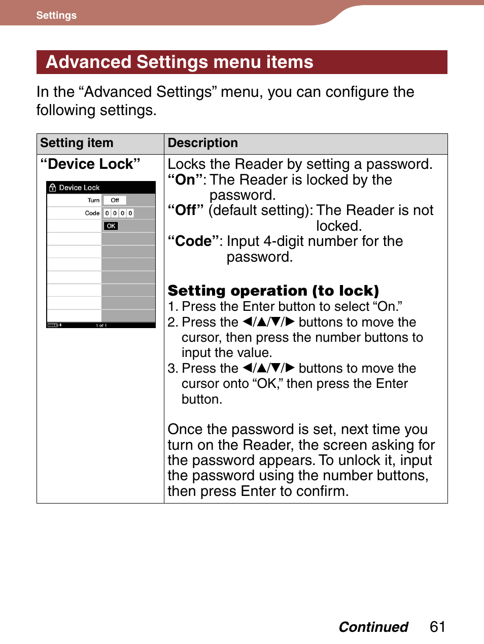 Advanced settings menu items | Sony Reader 4-151-151-13(1) User Manual | Page 61 / 92