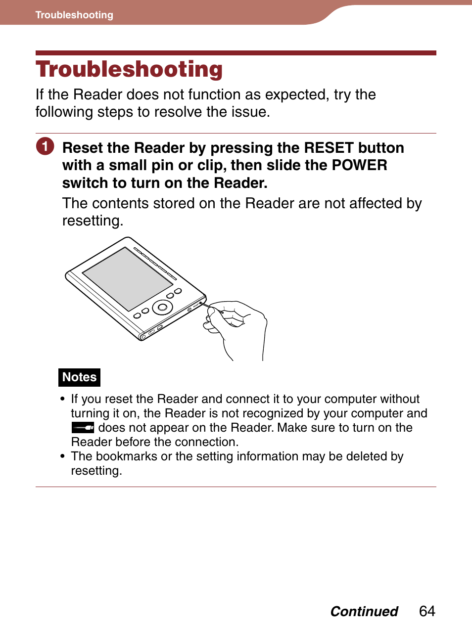 Troubleshooting | Sony Reader 4-151-151-13(1) User Manual | Page 64 / 92