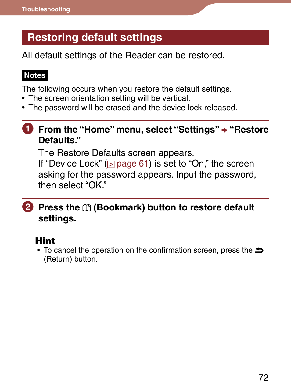 Restoring default settings | Sony Reader 4-151-151-13(1) User Manual | Page 72 / 92