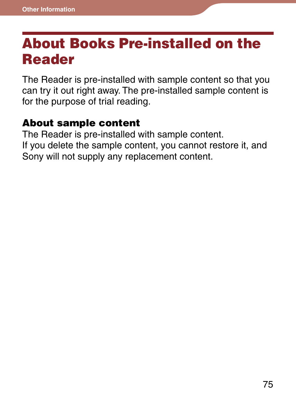 About books pre-installed onreader, About books pre-installed on the reader | Sony Reader 4-151-151-13(1) User Manual | Page 75 / 92