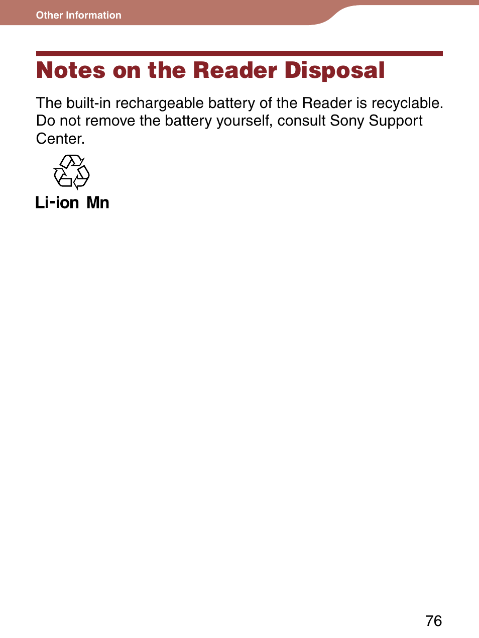 Notes on reader disposal, Notes on the reader disposal | Sony Reader 4-151-151-13(1) User Manual | Page 76 / 92