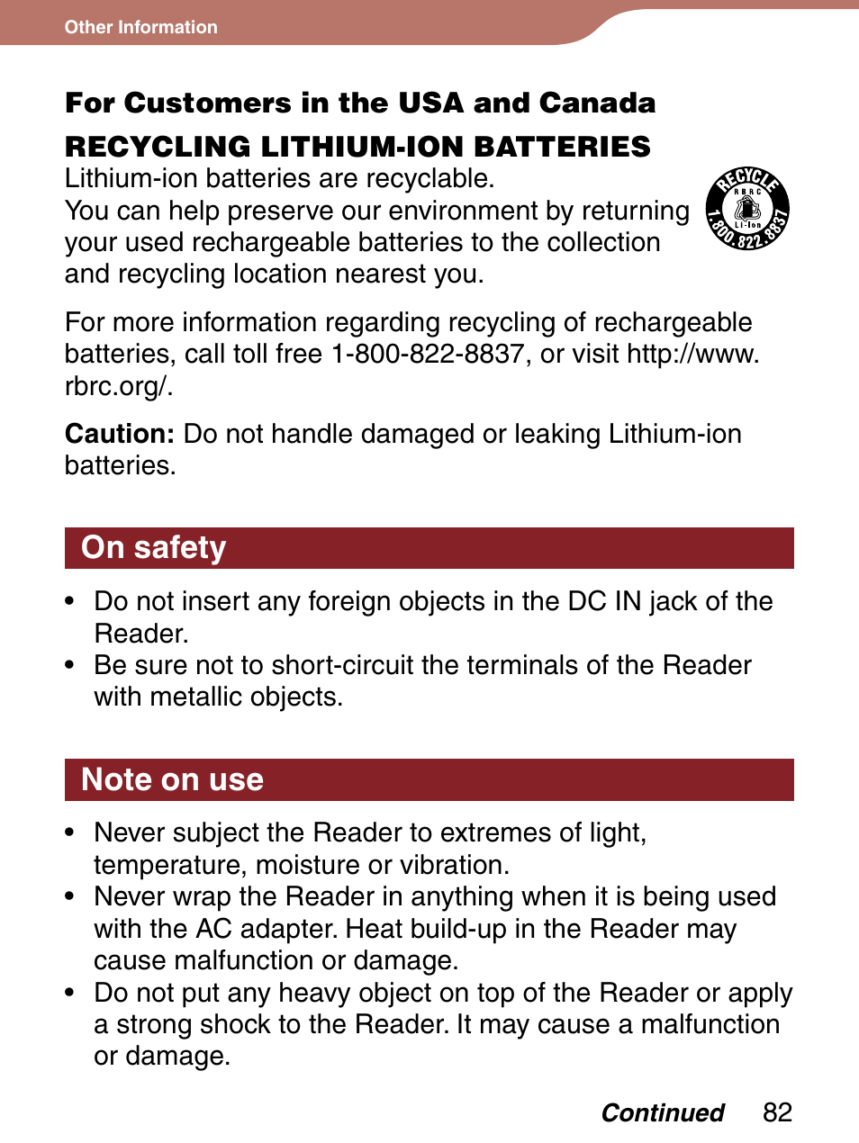 On safety, Note on use, On safety note on use | Sony Reader 4-151-151-13(1) User Manual | Page 82 / 92