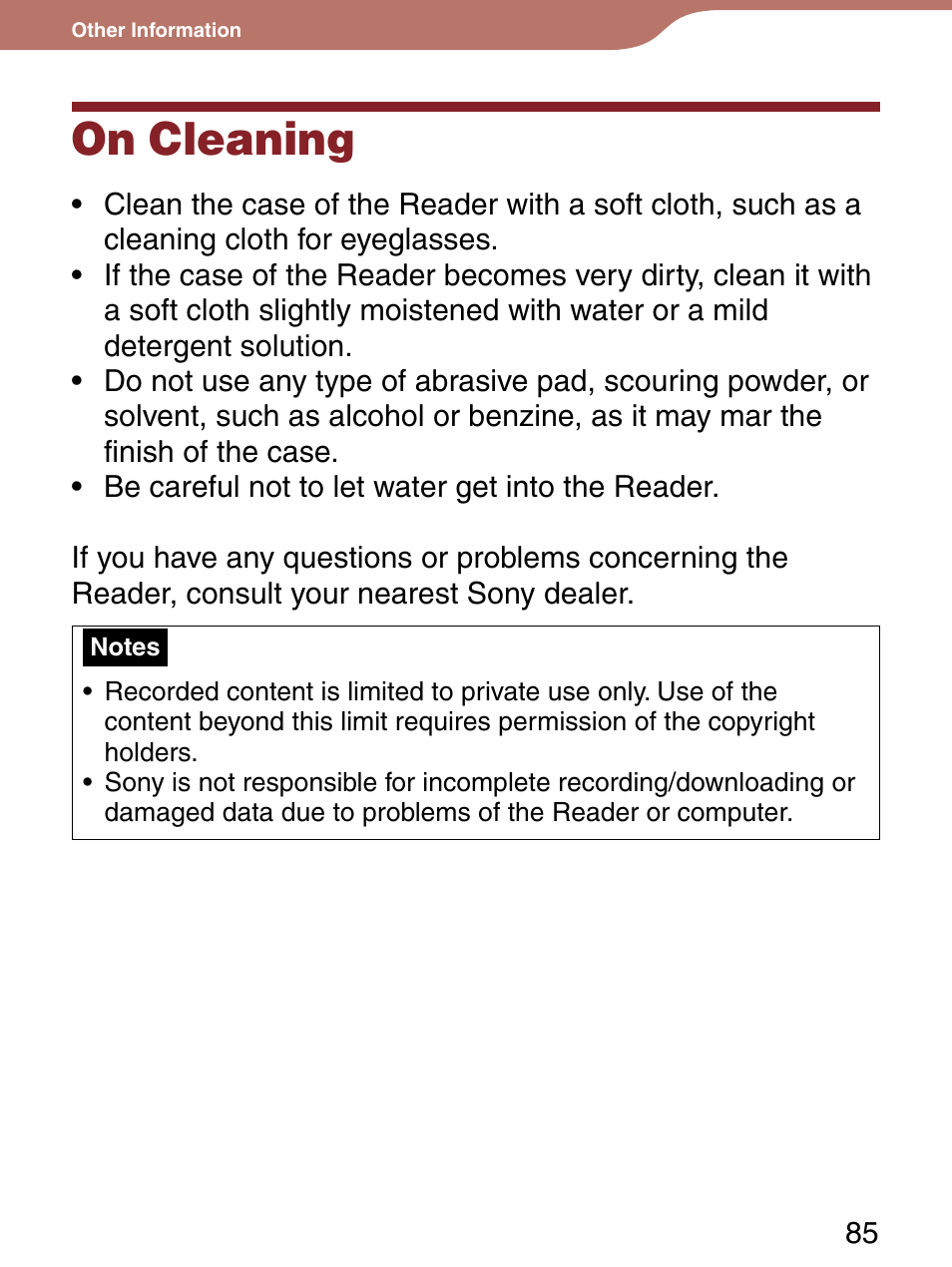 On cleaning | Sony Reader 4-151-151-13(1) User Manual | Page 85 / 92