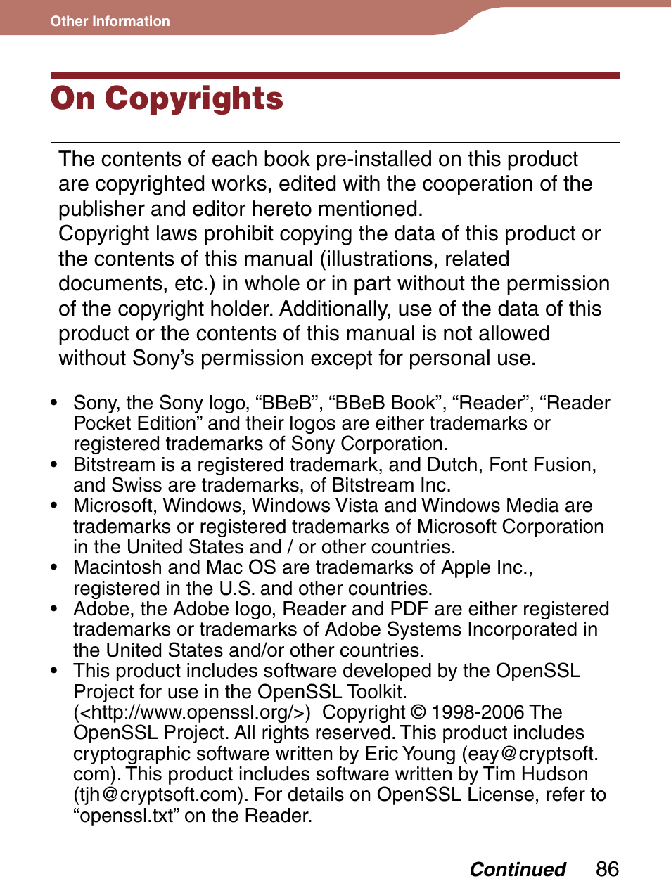 On copyrights | Sony Reader 4-151-151-13(1) User Manual | Page 86 / 92