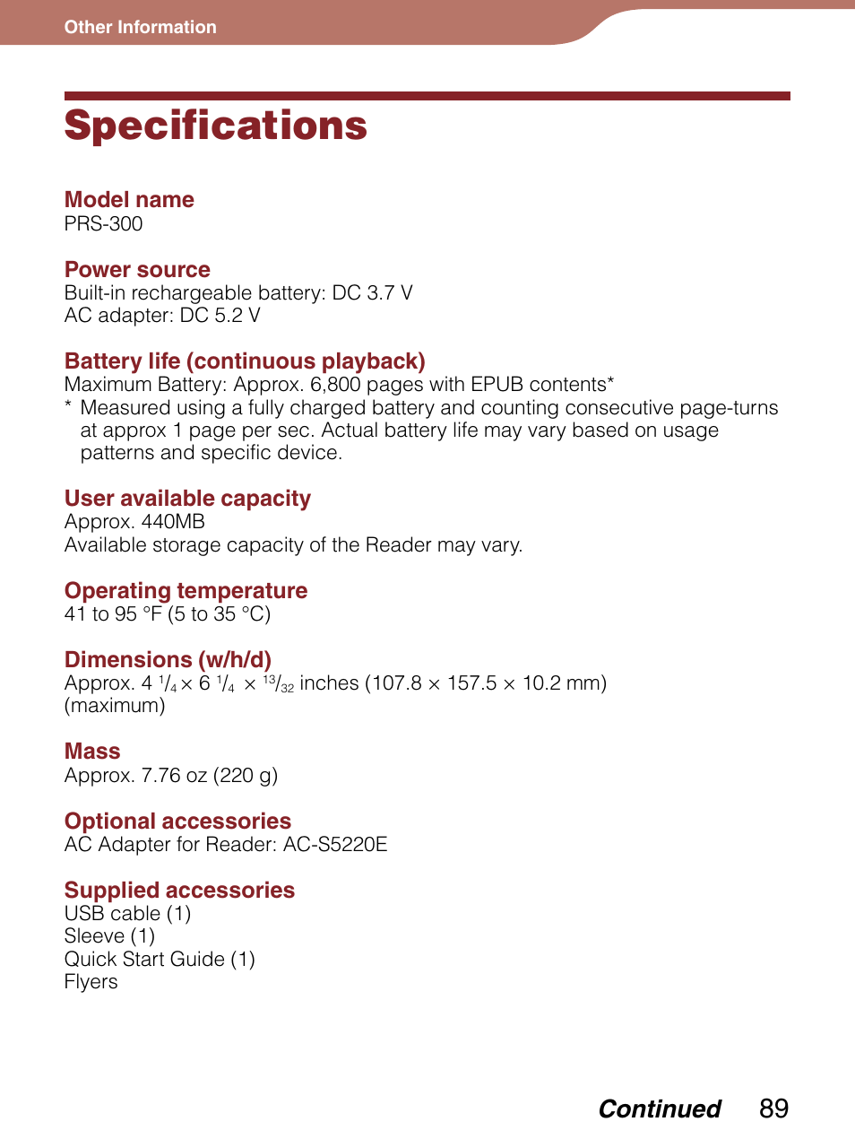 Specifications, Continued | Sony Reader 4-151-151-13(1) User Manual | Page 89 / 92