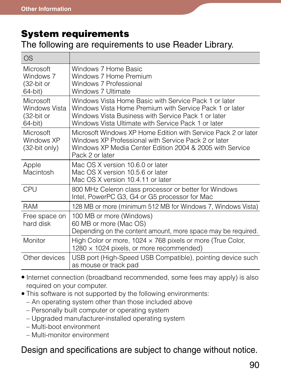 System requirements | Sony Reader 4-151-151-13(1) User Manual | Page 90 / 92