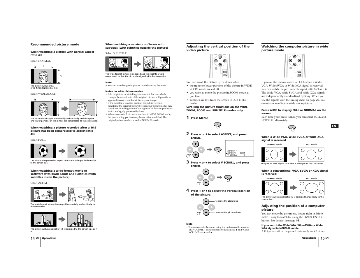 Recommended picture mode, Watching the computer picture in wide picture mode, Adjusting the position of a computer picture | Sony KL-W9000 User Manual | Page 10 / 88