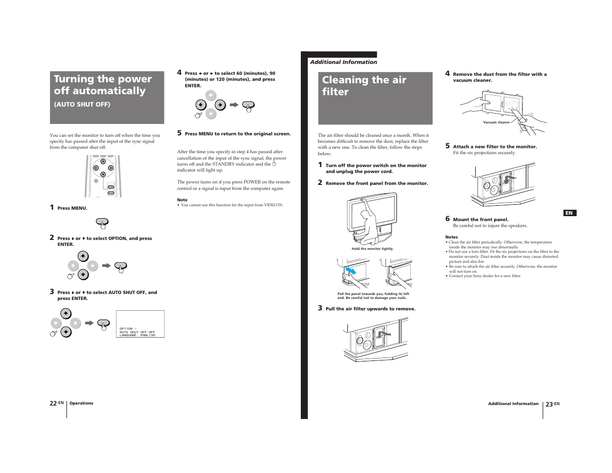 Turning the power off automatically, Cleaning the air filter, Auto shut off) | Sony KL-W9000 User Manual | Page 14 / 88