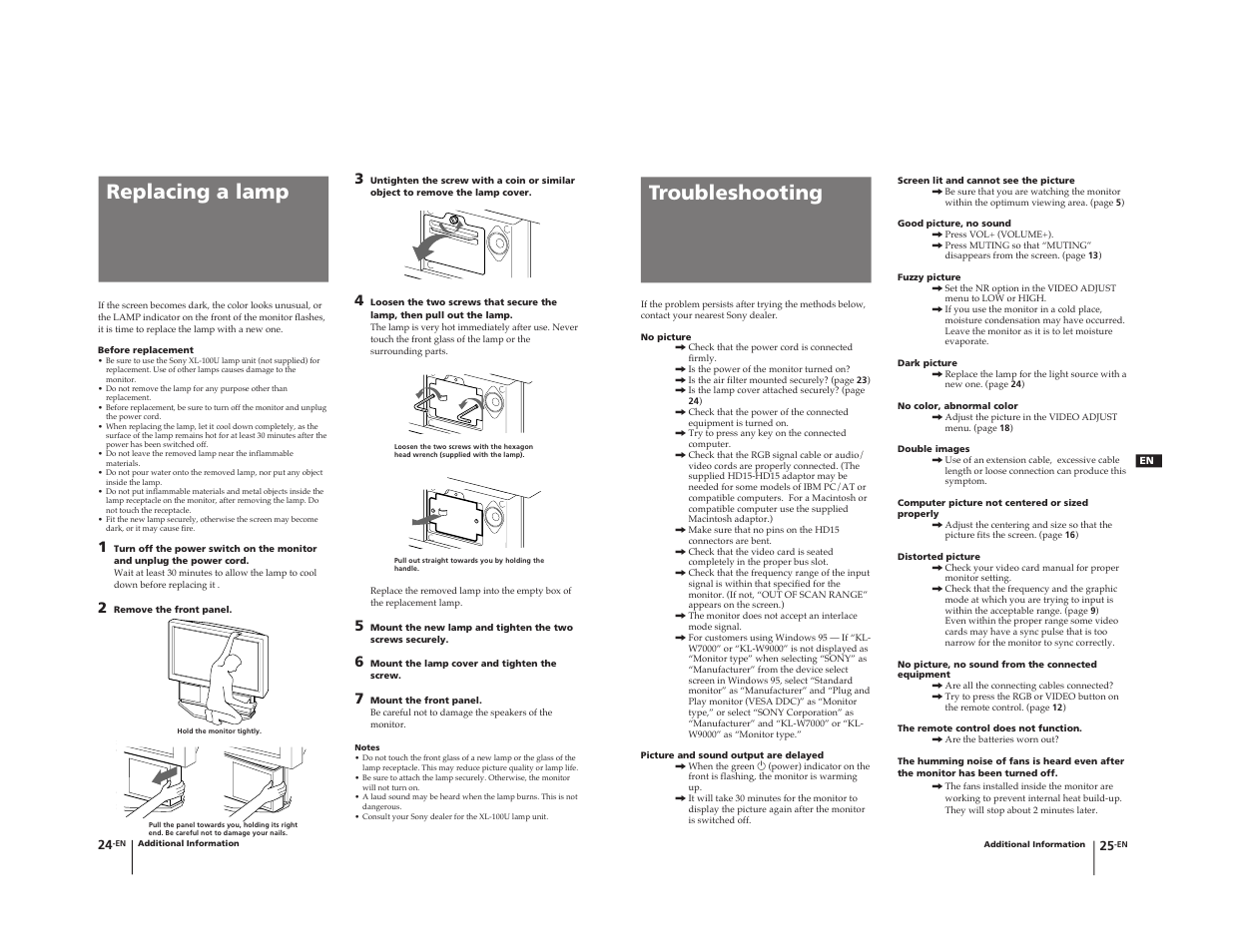 Replacing a lamp, Troubleshooting | Sony KL-W9000 User Manual | Page 15 / 88