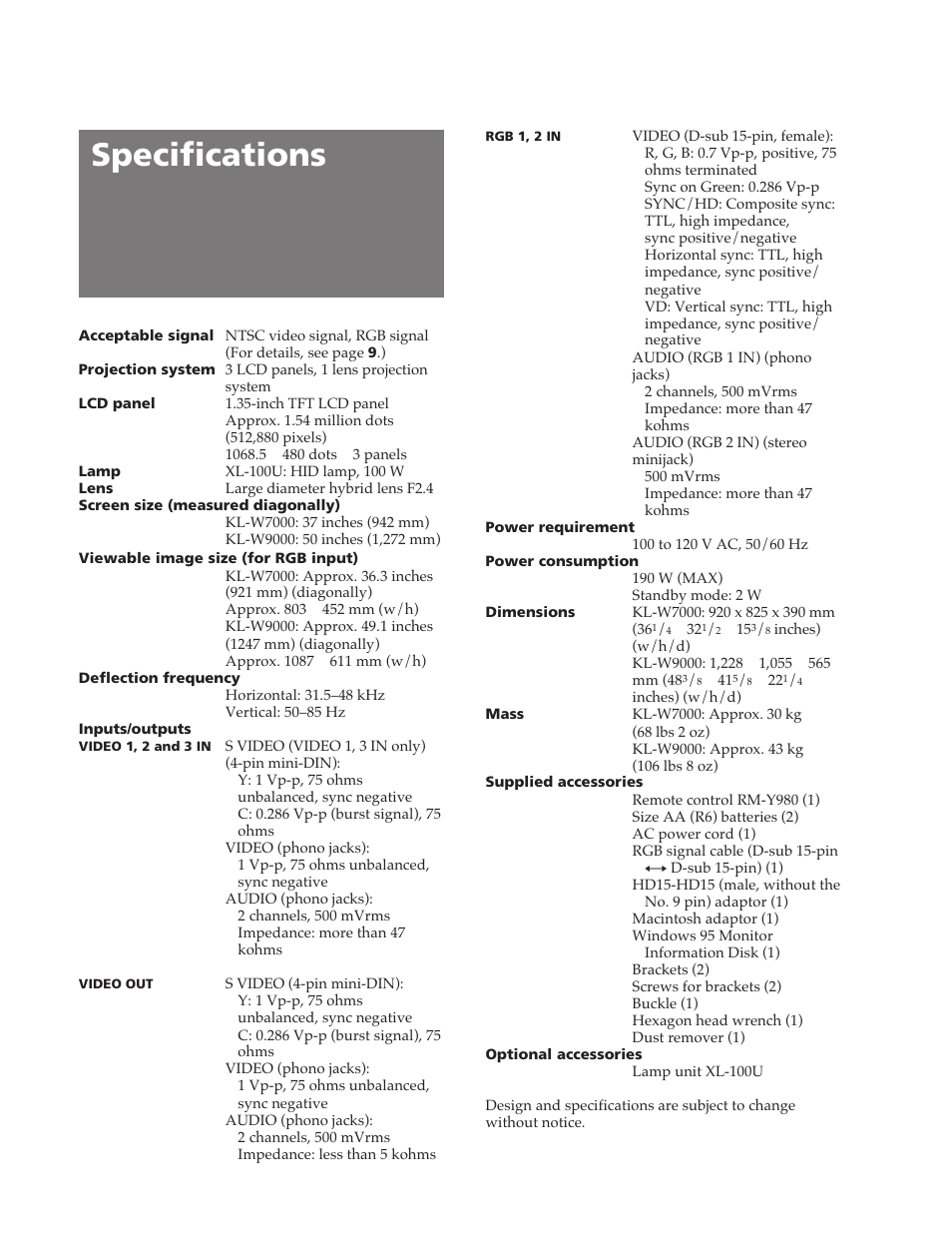 Specifications | Sony KL-W9000 User Manual | Page 2 / 88