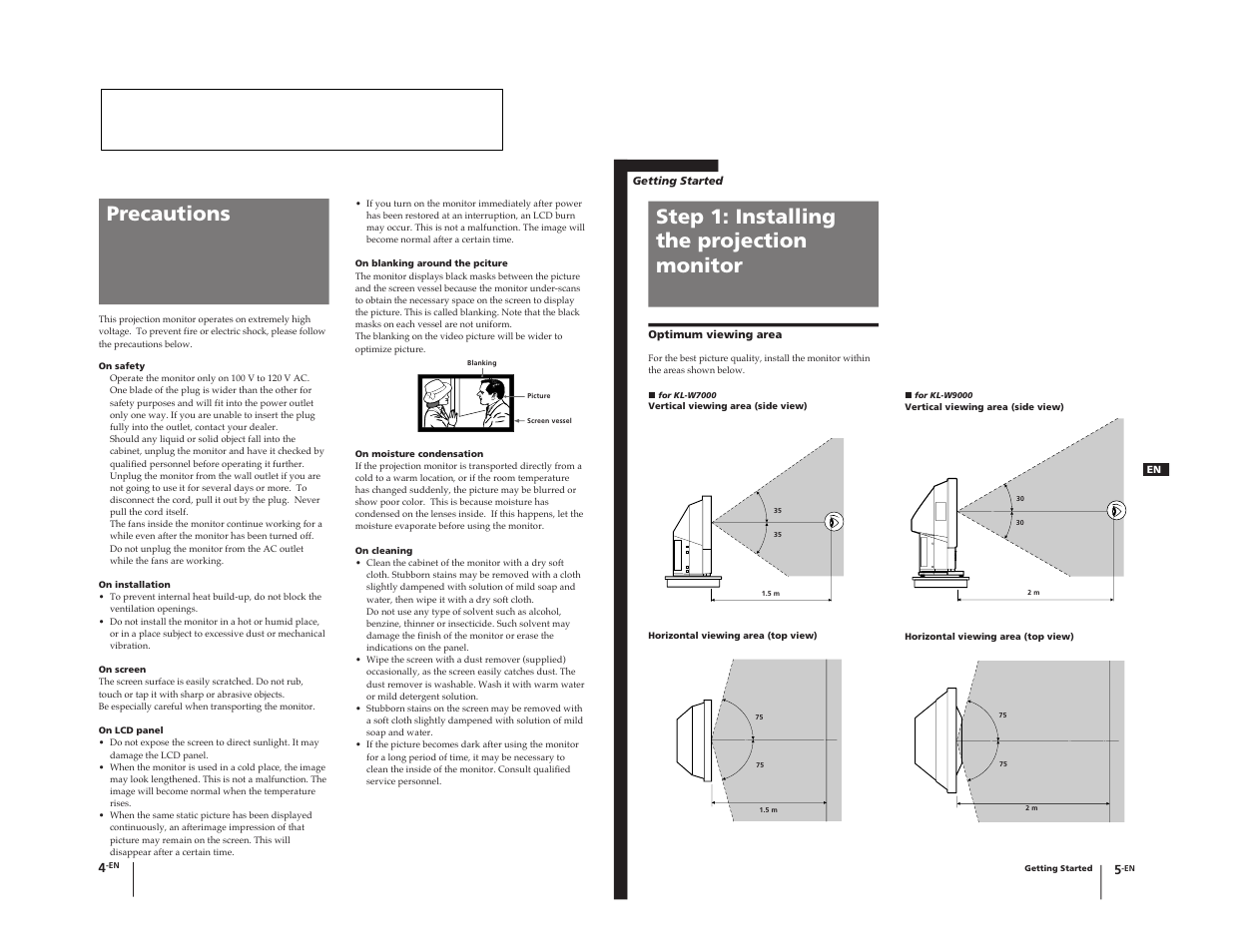 General, Welcome! precautions, Step 1: installing the projection monitor | Sony KL-W9000 User Manual | Page 5 / 88
