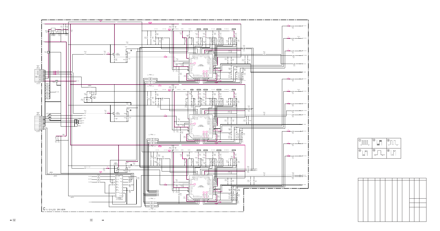 Schematic diagram of c (1/2) board, 1/2) (lcd driver), Ò (u) | 7) schematic diagram of c (1/2) board, C (1/2) board waveforms, C (1/2) board voltage list, 5 vp-p (h) 10.0 vp-p (h), 0 vp-p (h) 4.5 vp-p (h), Schematic diagram, Board schematic diagram | Sony KL-W9000 User Manual | Page 52 / 88