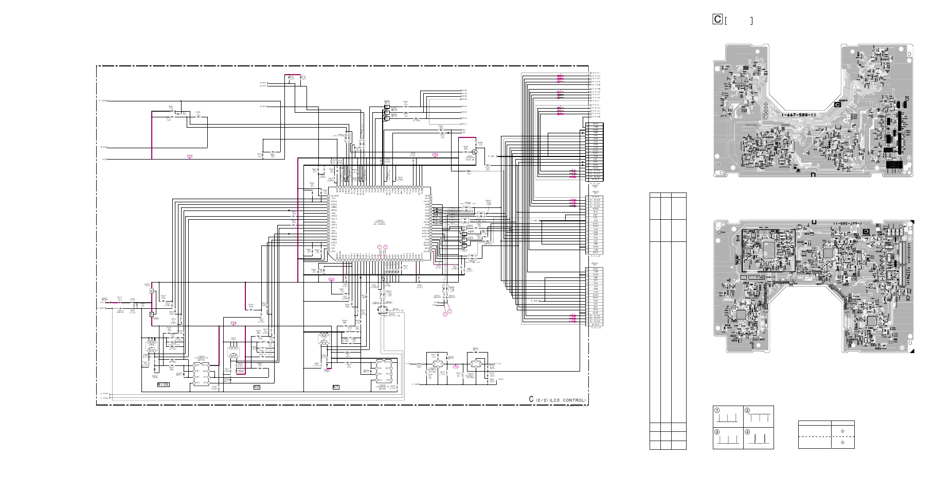 Schematic diagram of d (2/2) board, Nt hd wide, 2/2) (lcd control) | C board (conductor side), C (2/2) board waveforms, Lcd driver, lcd control, 0 vp-p (h), 5 vp-p (h), 5 vp-p (h) 5.0 vp-p (v) | Sony KL-W9000 User Manual | Page 53 / 88