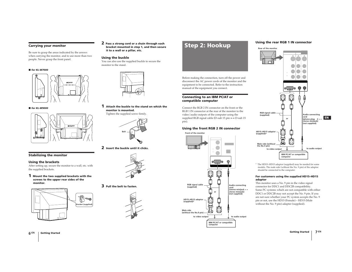 Step 2: hookup, Using the buckle, Carrying your monitor | Stabilizing the monitor using the brackets, Using the rear rgb 1 in connector, Connecting to an ibm pc/at or compatible computer, Using the front rgb 2 in connector | Sony KL-W9000 User Manual | Page 6 / 88