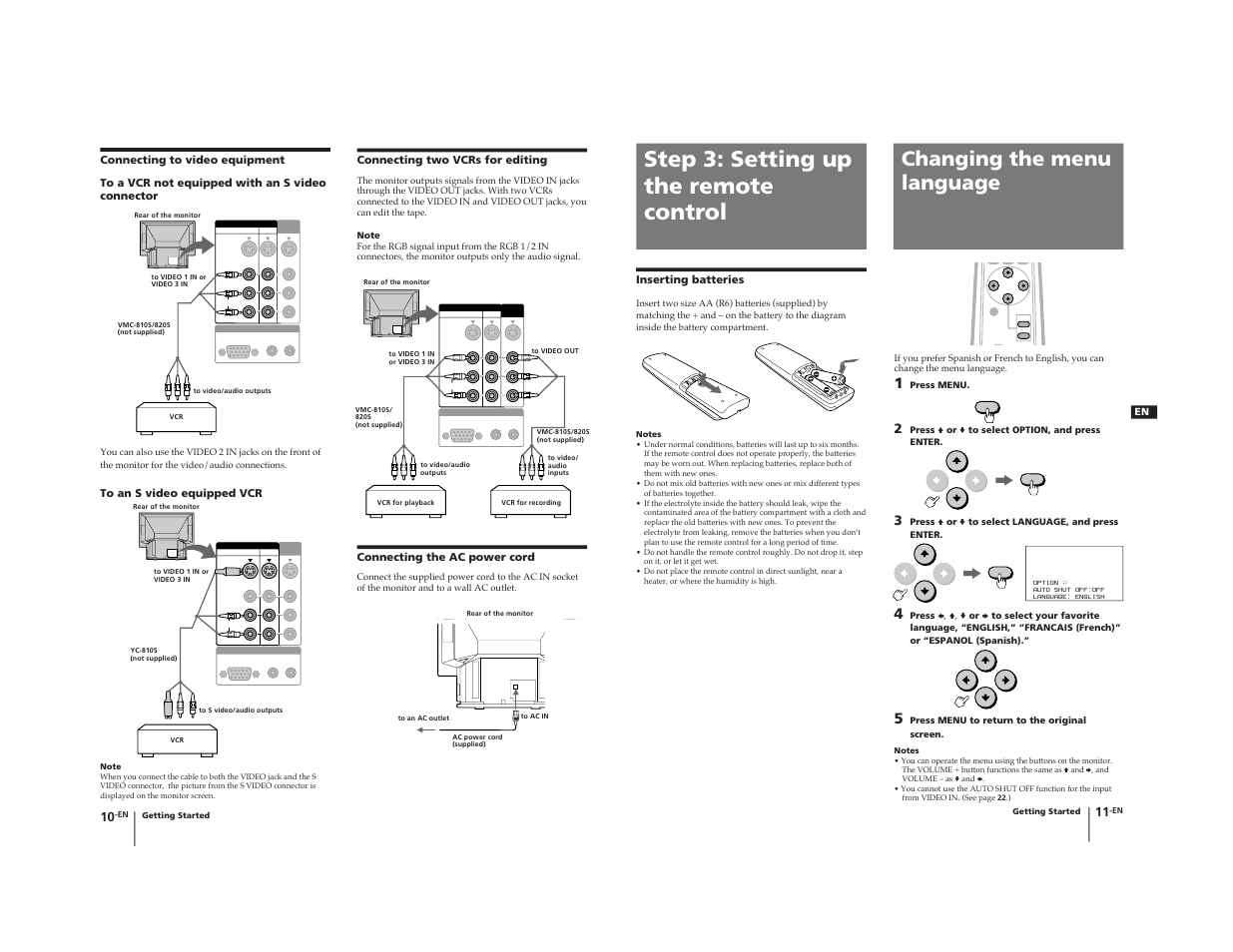 Step 3: setting up the remote control, Changing the menu language, Connecting two vcrs for editing | Connecting the ac power cord, Inserting batteries | Sony KL-W9000 User Manual | Page 8 / 88