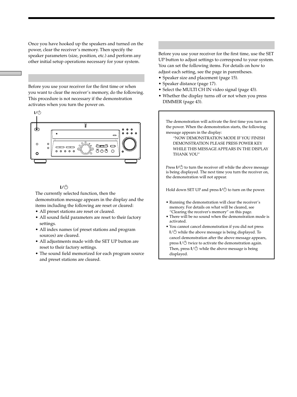 Performing initial setup operations 14, Performing initial setup operations, Hooking up and setting up the speaker system | Turn off the receiver, Demonstration mode | Sony STR-K502 User Manual | Page 14 / 59