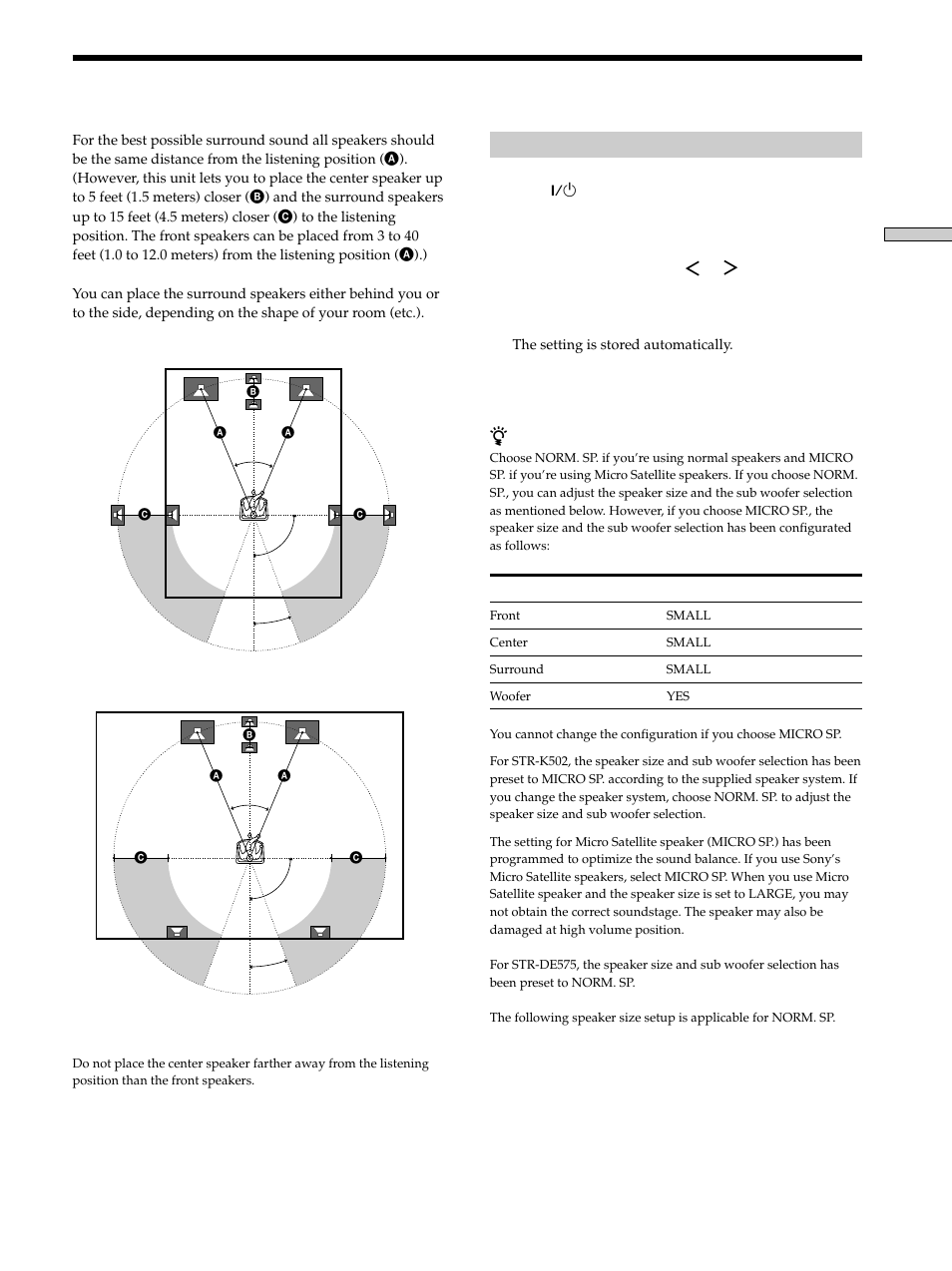 Multi channel surround setup 15, Multi channel surround setup | Sony STR-K502 User Manual | Page 15 / 59