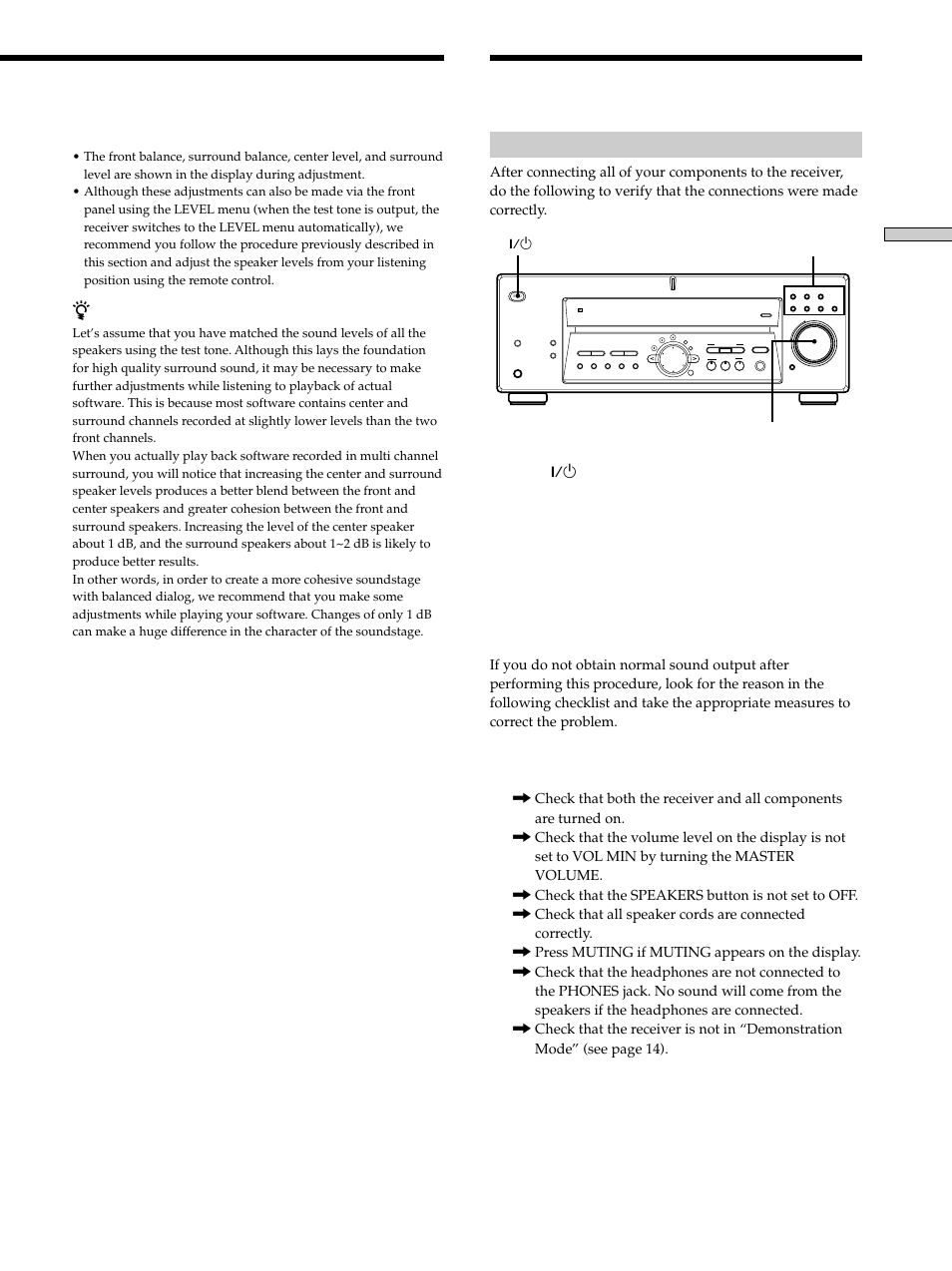 Before you use your receiver 19, Before you use your receiver, Checking the connections | Hooking up and setting up the speaker system, Press ?/1 to turn on the receiver, Turn on the component and start playing it, When setting the volume levels for each speaker, Master volume 1/u function buttons | Sony STR-K502 User Manual | Page 19 / 59