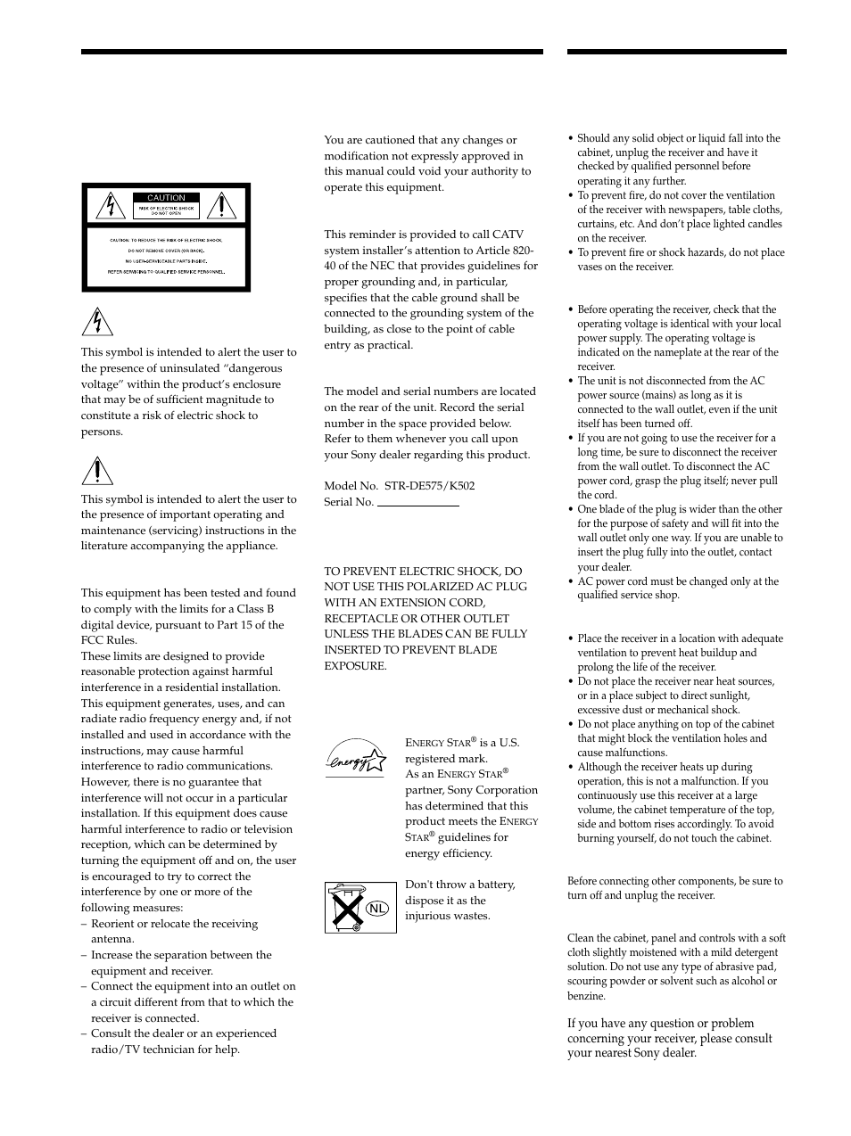 Warning, Precautions | Sony STR-K502 User Manual | Page 2 / 59