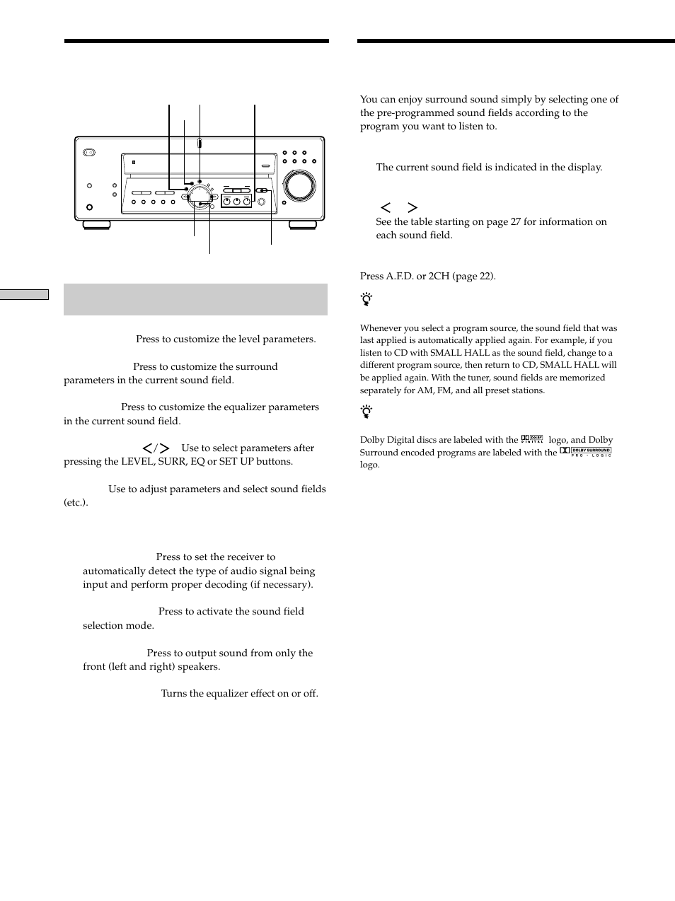 Selecting a sound field 26, Selecting a sound field, Enjoying surr ound sound | Sony STR-K502 User Manual | Page 26 / 59