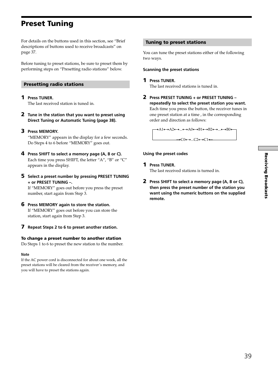 Preset tuning 39, Preset tuning | Sony STR-K502 User Manual | Page 39 / 59