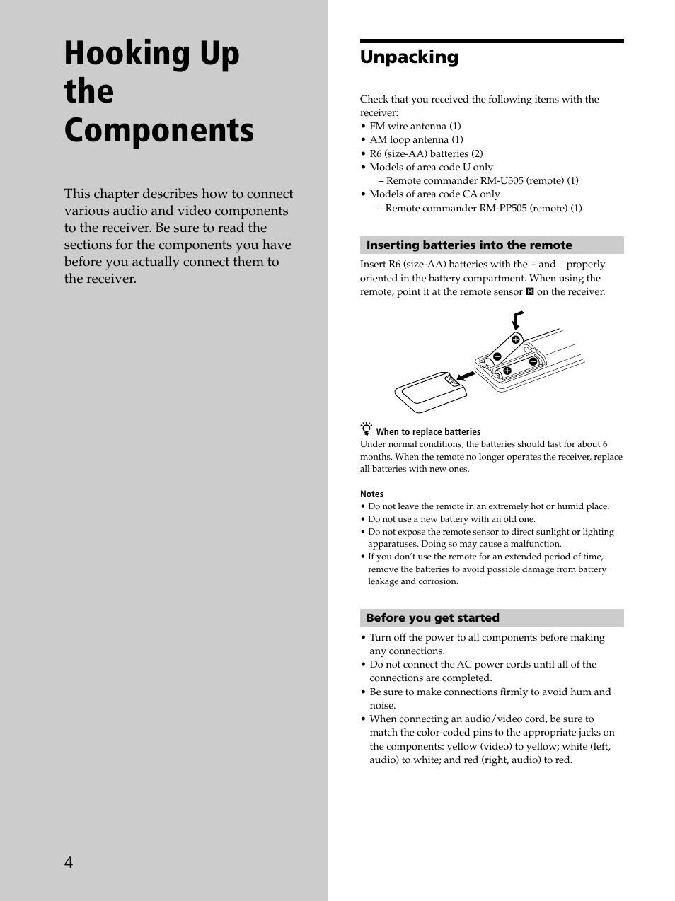 Hooking up the components, Unpacking 4, Unpacking | Sony STR-K502 User Manual | Page 4 / 59