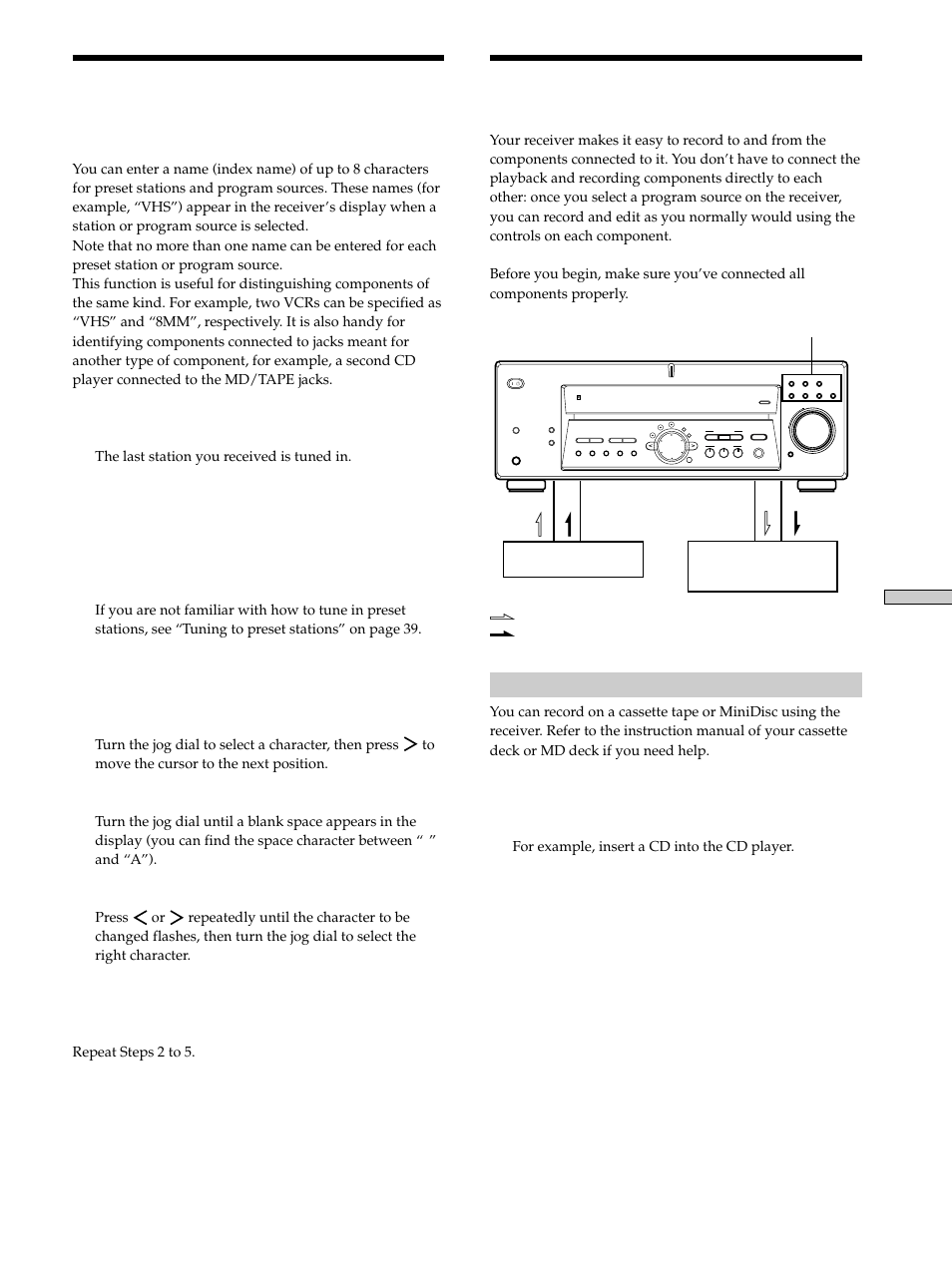 Naming preset stations and program sources, Recording, Recording on an audio tape or minidisc | Other operations, Press name, Select the component to be recorded | Sony STR-K502 User Manual | Page 41 / 59