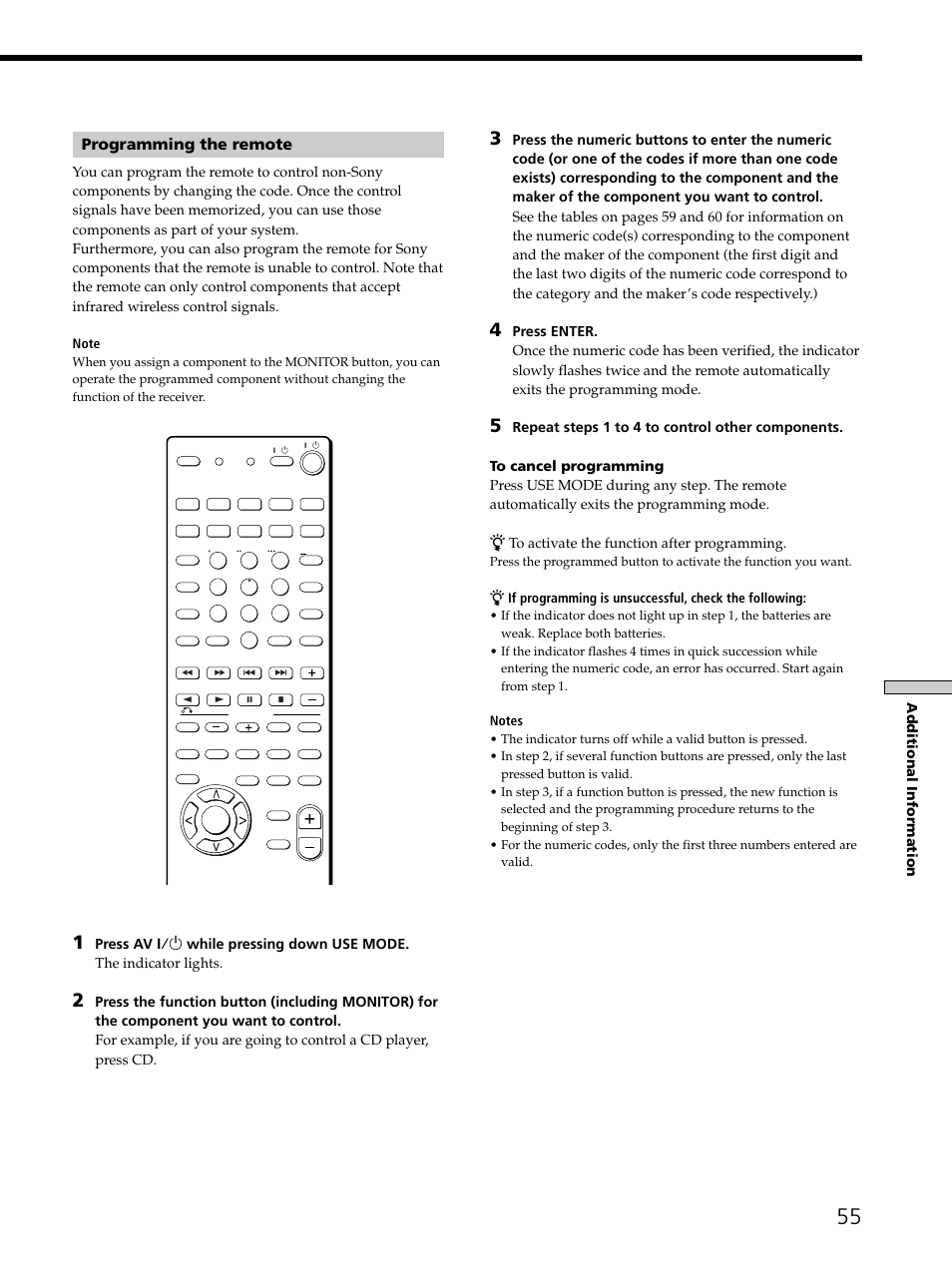 Programming the remote, Additional information | Sony STR-K502 User Manual | Page 55 / 59