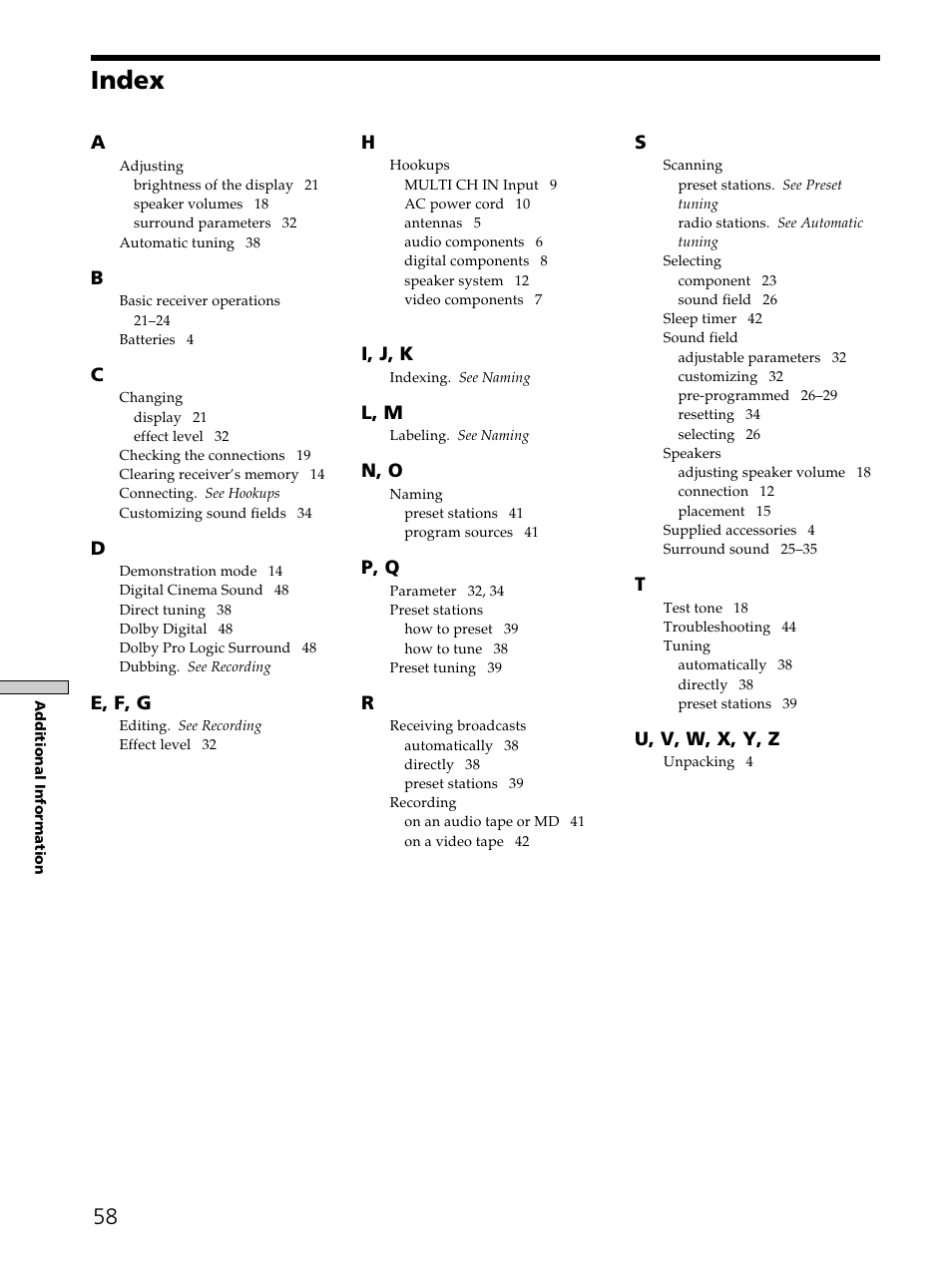 Index 58, Index | Sony STR-K502 User Manual | Page 58 / 59