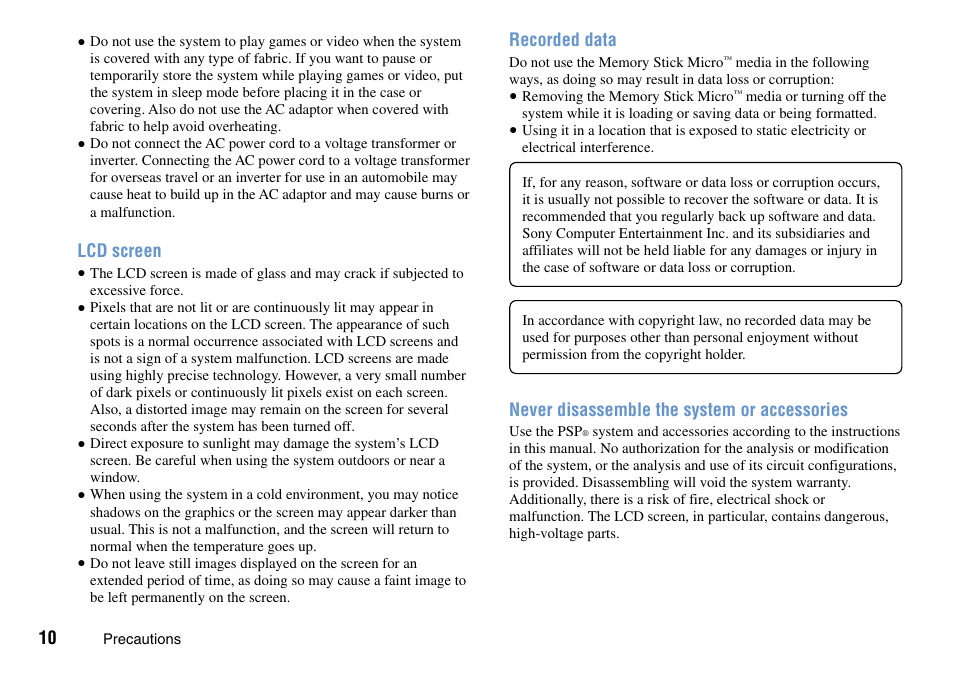 Lcd screen, Recorded data, Never disassemble the system or accessories | Sony PSP Go PSP-N1001 User Manual | Page 10 / 123