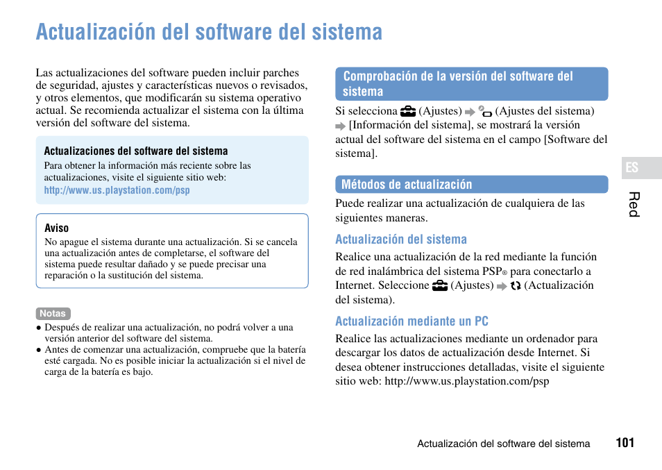 Actualización·del·software·del·sistema······· 101, Actualización del software del sistema | Sony PSP Go PSP-N1001 User Manual | Page 101 / 123