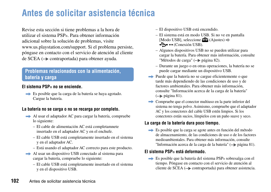 Soporte técnico, Antes de solicitar asistencia técnica | Sony PSP Go PSP-N1001 User Manual | Page 102 / 123