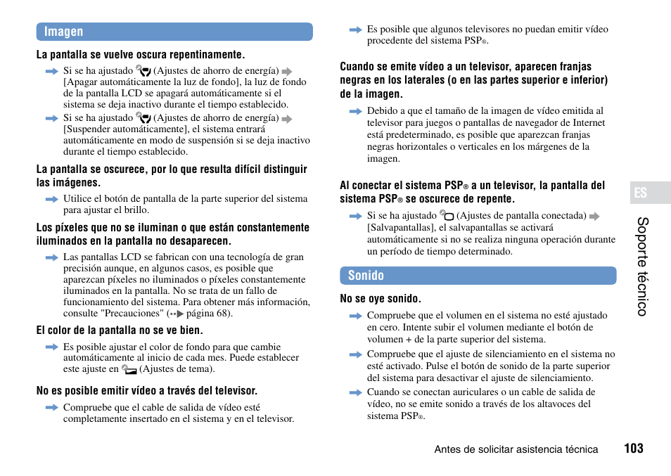 Sopor te ·técnico, 103 imagen, Sonido | Sony PSP Go PSP-N1001 User Manual | Page 103 / 123