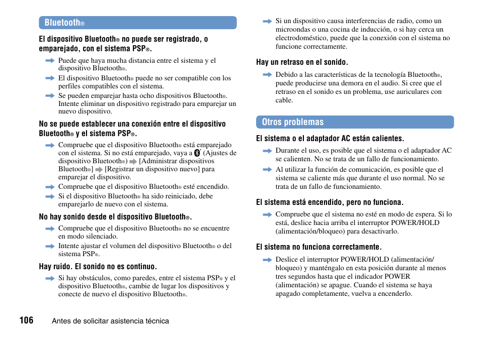 Bluetooth, Otros problemas | Sony PSP Go PSP-N1001 User Manual | Page 106 / 123