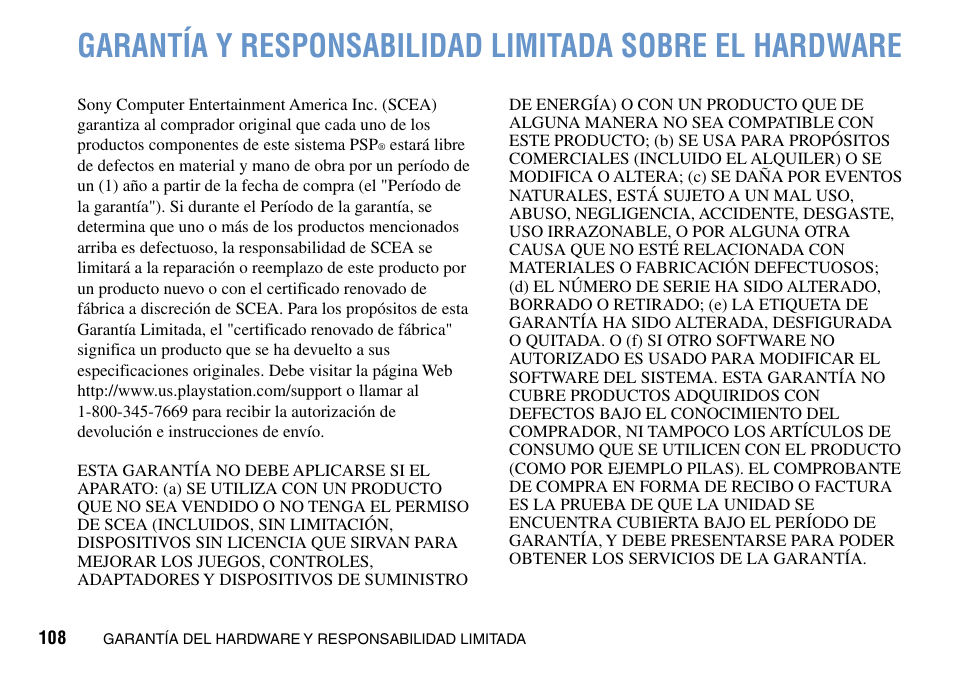 Garantía·y·responsabilidad, Limitada·sobre·el·hardware······· 108 | Sony PSP Go PSP-N1001 User Manual | Page 108 / 123