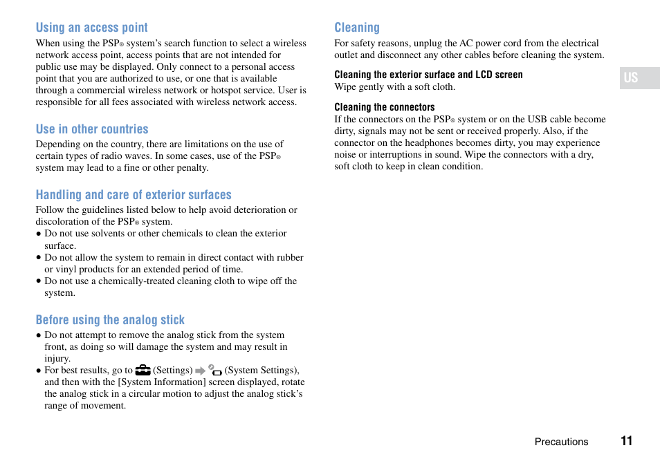 Using an access point, Use in other countries, Handling and care of exterior surfaces | Before using the analog stick, Cleaning | Sony PSP Go PSP-N1001 User Manual | Page 11 / 123