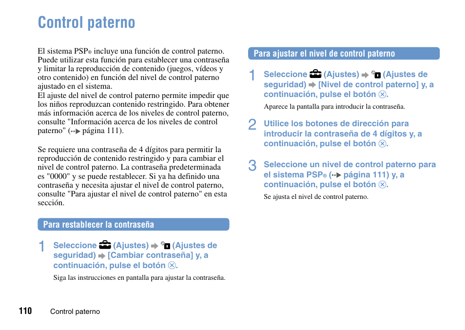 Información adicional, Control paterno | Sony PSP Go PSP-N1001 User Manual | Page 110 / 123