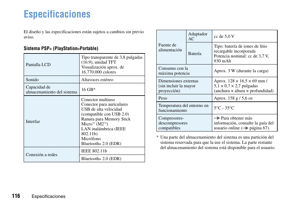 Especificaciones | Sony PSP Go PSP-N1001 User Manual | Page 116 / 123