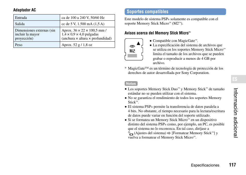 Inf or mación ·adicional, Soportes compatibles | Sony PSP Go PSP-N1001 User Manual | Page 117 / 123