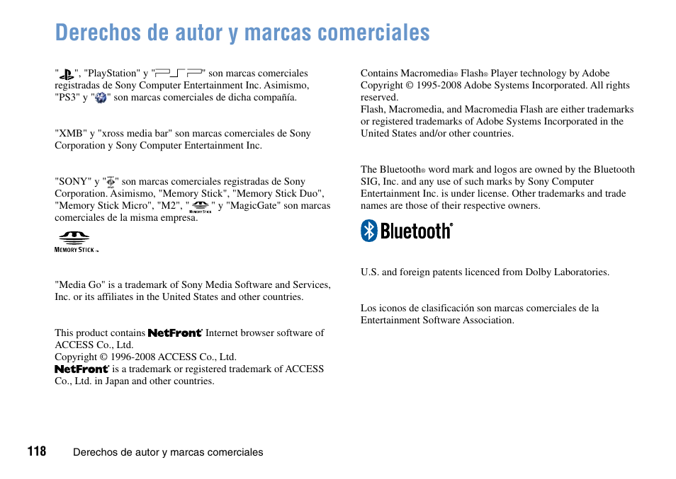 Derechos·de·autor·y·marcas, Derechos de autor y marcas comerciales | Sony PSP Go PSP-N1001 User Manual | Page 118 / 123