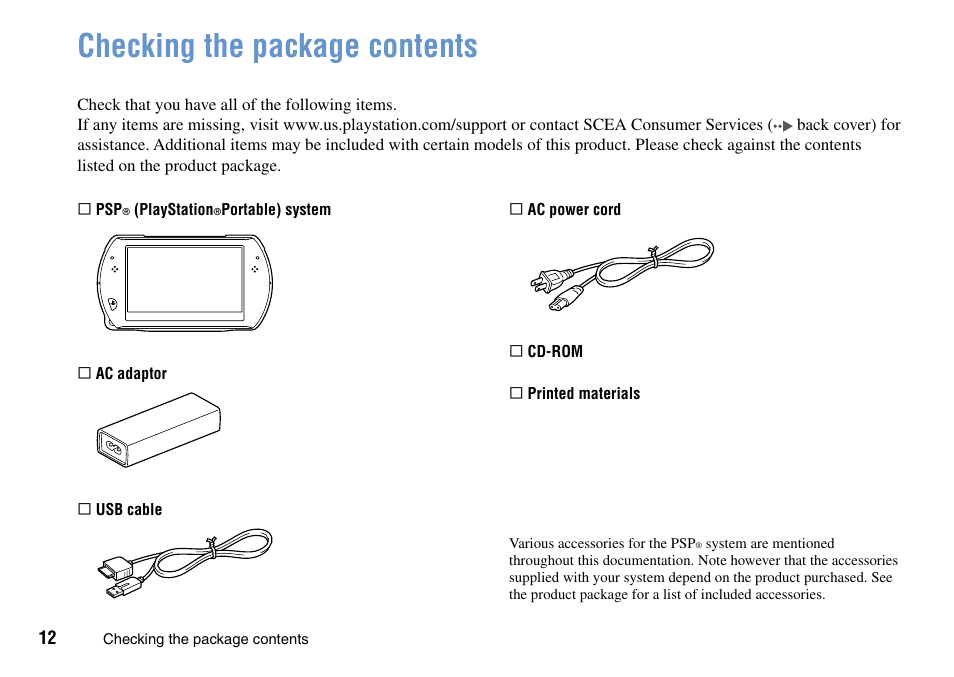 Checking the package contents | Sony PSP Go PSP-N1001 User Manual | Page 12 / 123