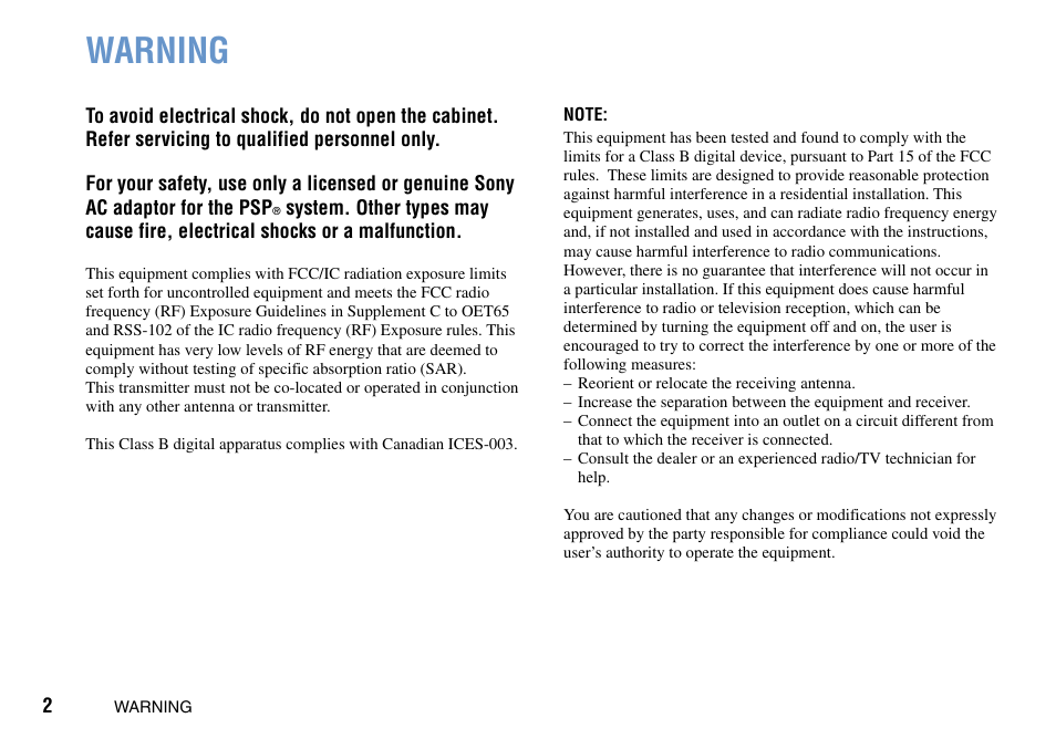 Warning | Sony PSP Go PSP-N1001 User Manual | Page 2 / 123