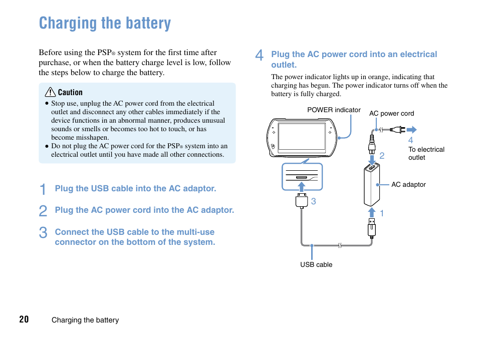 Charging the battery | Sony PSP Go PSP-N1001 User Manual | Page 20 / 123