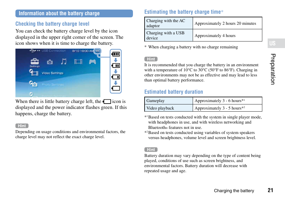 Prepar ation, Estimating the battery charge time, Estimated battery duration | Sony PSP Go PSP-N1001 User Manual | Page 21 / 123