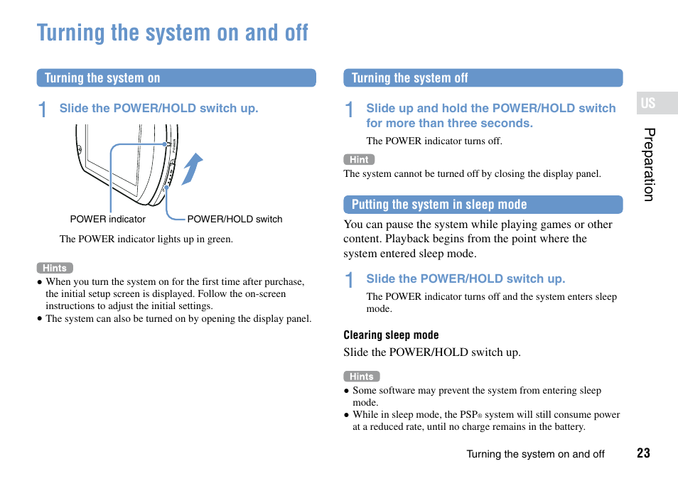 Turning the system on and off | Sony PSP Go PSP-N1001 User Manual | Page 23 / 123