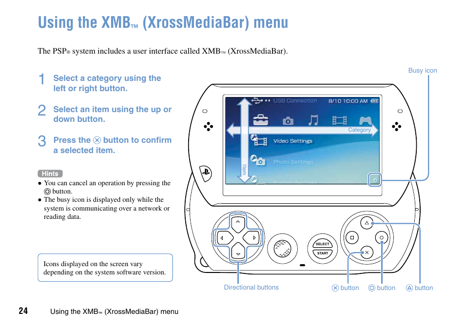 Basic operations, Using the xmb, Xrossmediabar) menu ····· 24 | Xrossmediabar) menu | Sony PSP Go PSP-N1001 User Manual | Page 24 / 123