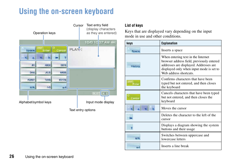 Using the on-screen keyboard | Sony PSP Go PSP-N1001 User Manual | Page 26 / 123