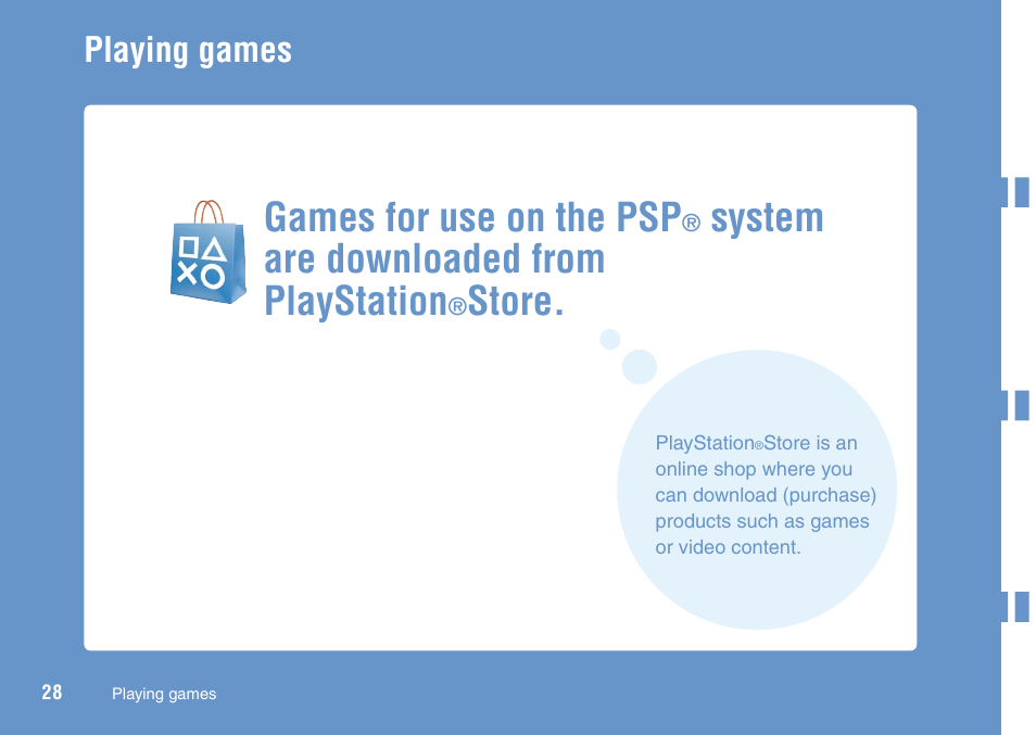 Games, Games for use on the psp, System are downloaded from playstation | Store, Playing games | Sony PSP Go PSP-N1001 User Manual | Page 28 / 123