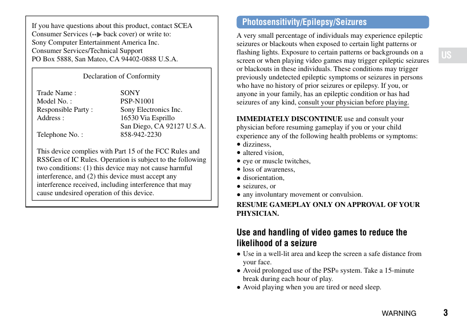 Photosensitivity/epilepsy/seizures | Sony PSP Go PSP-N1001 User Manual | Page 3 / 123