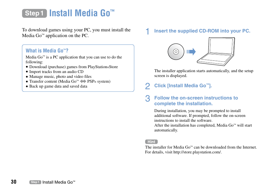 Step 1, Install media go | Sony PSP Go PSP-N1001 User Manual | Page 30 / 123